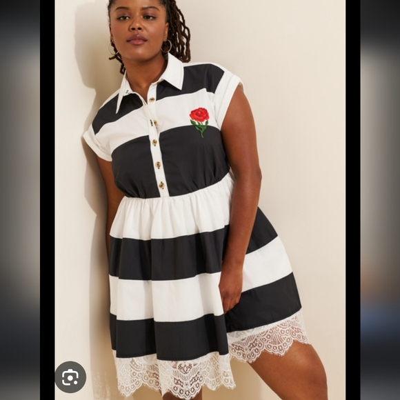 Maeve Dresses & Skirts - Black and White Striped Dress with Rose Embroidery Maeve Rugby Mini Dress